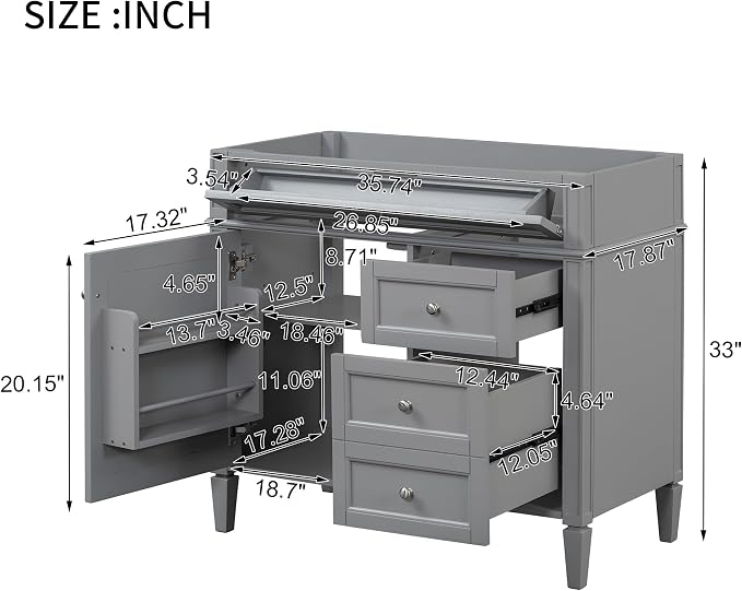 36" Bathroom Vanity Without Top Sink,Modern Freestanding Storage Cabinet with 2 Soft-Close Drawers & Tip-Out Tray,Solid Wood Frame Vanity Only w/Adjustable Shelf & Door Organizer,Grey