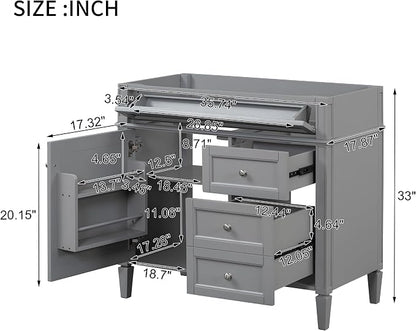 36" Bathroom Vanity Without Top Sink,Modern Freestanding Storage Cabinet with 2 Soft-Close Drawers & Tip-Out Tray,Solid Wood Frame Vanity Only w/Adjustable Shelf & Door Organizer,Grey