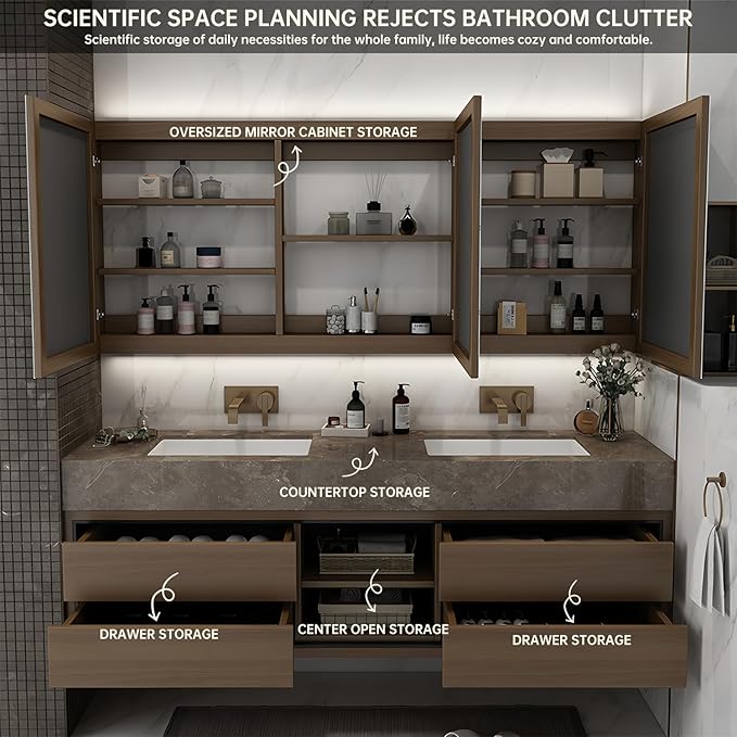 84IN Double Sink Bathroom Vanity, Floating Modern Bathroom Vanity Include Smart Defog Mirror Cabinet with LED Light, Solid Wood Vanities with Integrated Sink and Drawers Storage