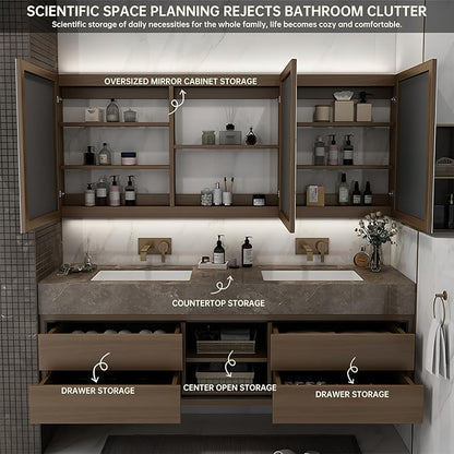 84IN Double Sink Bathroom Vanity, Floating Modern Bathroom Vanity Include Smart Defog Mirror Cabinet with LED Light, Solid Wood Vanities with Integrated Sink and Drawers Storage