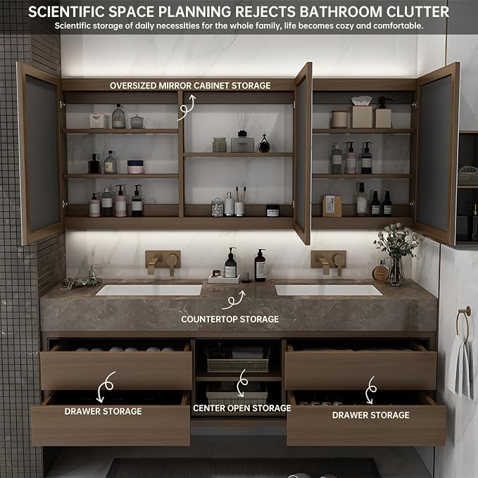 72IN Double Sink Bathroom Vanity, Floating Modern Bathroom Vanity Include Smart Defog Mirror Cabinet with LED Light, Solid Wood Vanities with Integrated Sink and Drawers Storage