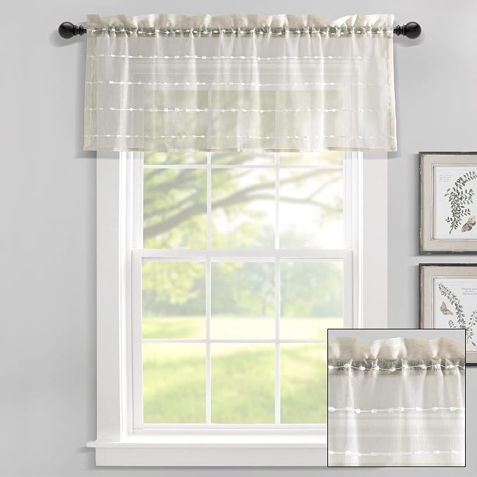 Lush Decor Farmhouse Textured Sheer Window Curtain Valance, 52"W x18"L, Beige