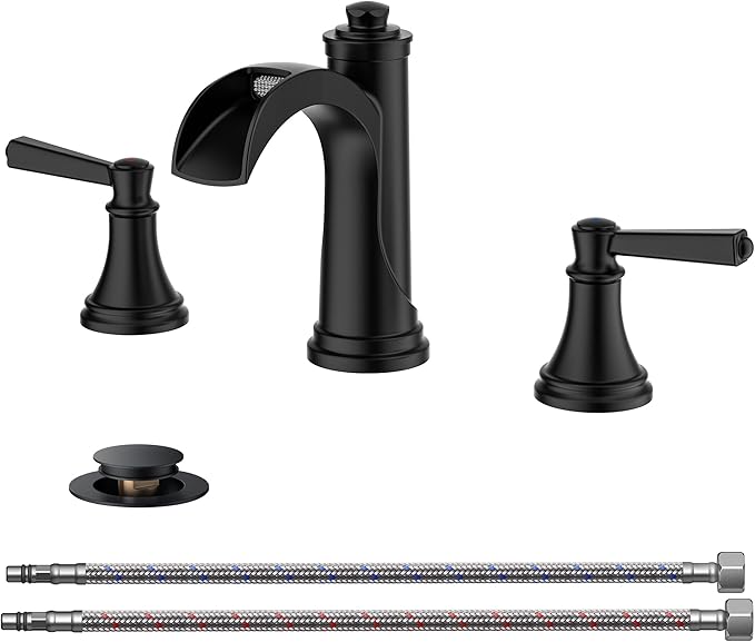 FORIOUS Black Bathroom Faucet 3 Hole, 2 Handle Brass 8 Inch Widespread Matte Black Bathroom Sink Faucet Waterfall with Pop-up Drain and CUPC Flexible Hoses, Vanity Tap 3 Holes