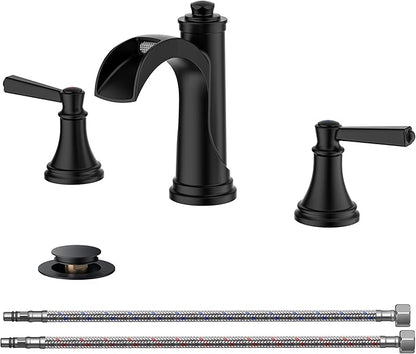 FORIOUS Black Bathroom Faucet 3 Hole, 2 Handle Brass 8 Inch Widespread Matte Black Bathroom Sink Faucet Waterfall with Pop-up Drain and CUPC Flexible Hoses, Vanity Tap 3 Holes