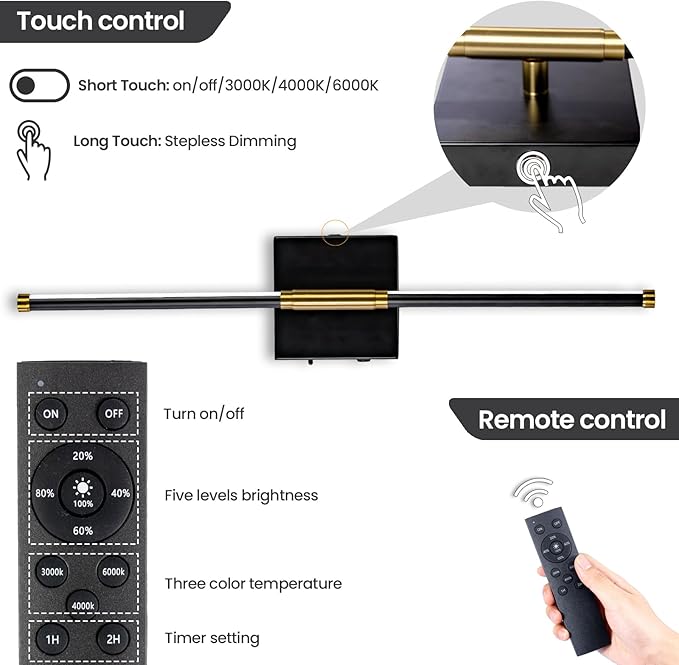 28 Inch Battery Operated Wall Sconces Set of 2, 10000mAh Rechargeable Wireless Wall Lights with Remote, 360° Magnetic Dimmable Black LED Sconce Decor for Bedroom, TV, Mirror, Living Room