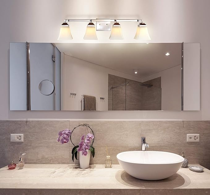 JONATHAN Y 33" Chrome Modern Cottage LED Vanity Light Wall Sconce, Farmhouse Wall Lamp for Bathroom Mirror Kitchen, White Glass Shade, LED Bulb Included (JYL7525B)