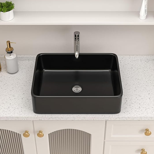 Logmey 19" Black Bathroom Vessel Sink 19x15 Sink for RV Bathroom Large Rectangle Porcelain Ceramic Modern Countertop Above Counter Bathroom Vanity Sink Art Basin