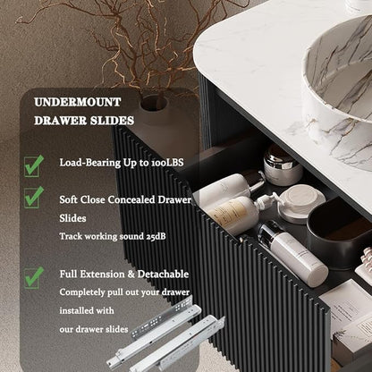 36'' Bathroom Vanities Cabinet with Sink Combo, Wall Mounted Floating Cabinet W/Curved Edges Stripes, Oak Plywood, Soft-Close System with a Drawer, White Round Ceramic Basin - Kiel, Black/S