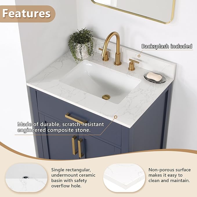 Ceres 31" Engineered Stone Vanity Top in Grain White with Single White Sink