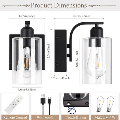 BELS 8 Inch Battery Operated Wall Sconces Set of 2, Farmhouse Wall Lights Fixture with Clear Glass, 4000K, Remote Control, Dimmable, Black Wall Sconces for Mirror, Bathroom, Bedroom