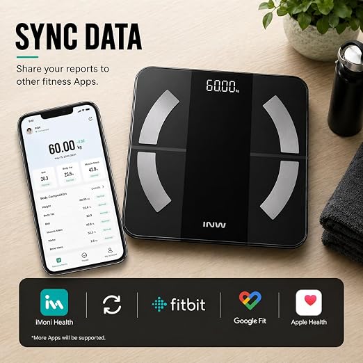 INW Smart Body Fat Scale, Digital Bathroom Scale with BMI, Body Composition, Bluetooth, Multi-User, 3 AAA Batteries Included (Black)
