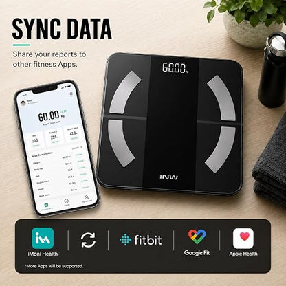 INW Smart Body Fat Scale, Digital Bathroom Scale with BMI, Body Composition, Bluetooth, Multi-User, 3 AAA Batteries Included (Black)
