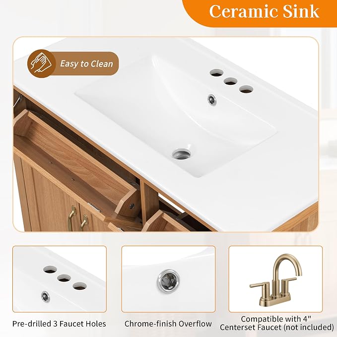 36 Inch Bathroom Vanities with Undermount Ceramic Sink, Storage Cabinet with Soft Closing Doors and Three Drawers, Solid Wood Frame, Natural Wood