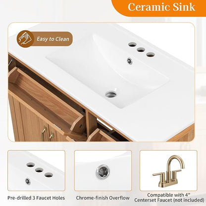 36 Inch Bathroom Vanities with Undermount Ceramic Sink, Storage Cabinet with Soft Closing Doors and Three Drawers, Solid Wood Frame, Natural Wood