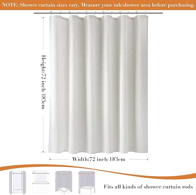 Linen Shower Curtain for Bathroom 72x72 Inch 1 Panel White Solid | Weighted Fabric Shower Curtains with Hooks, Water Repellent, Neutral Rustic Boho Farmhouse, Simple Luxury Bath Curtain Decor