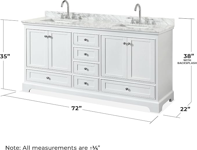 Wyndham Collection Deborah 72 inch Double Bathroom Vanity in White, White Carrara Marble Countertop, Undermount Square Sinks, and No Mirror