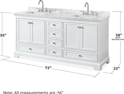 Wyndham Collection Deborah 72 inch Double Bathroom Vanity in White, White Carrara Marble Countertop, Undermount Square Sinks, and No Mirror