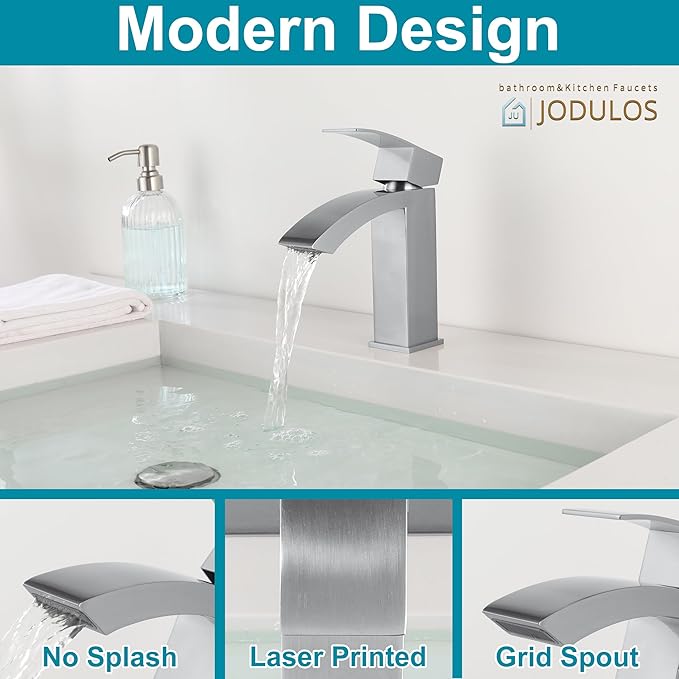 Brushed Nickel Bathroom Faucet Single Handle, Waterfall Faucet for Bathroom Sink Single Hole with cUPC Supply Hose and Pop Up Drain