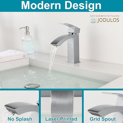 Brushed Nickel Bathroom Faucet Single Handle, Waterfall Faucet for Bathroom Sink Single Hole with cUPC Supply Hose and Pop Up Drain