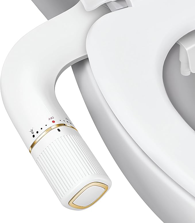 Ultra-Slim Bidet Attachment for Toilet - Dual Nozzle (Frontal & Rear Wash) with Adjustable Cold Water Pressure and Stainless Steel Inlet - Hygienic Solution for Fresh Cleanliness, Gold 1 Pcs