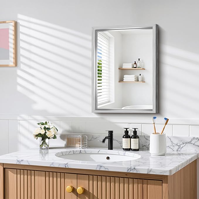 CIRCUMI 18"x24" Brushed Silver Bathroom Mirror, Rectangular Vanity Mirror | Chunky Box Metal Frame, Shatterproof, Tempered Glass, Bathroom Remodel&New Home,Wall Mirror for Over Sink,Living Room,Hallway