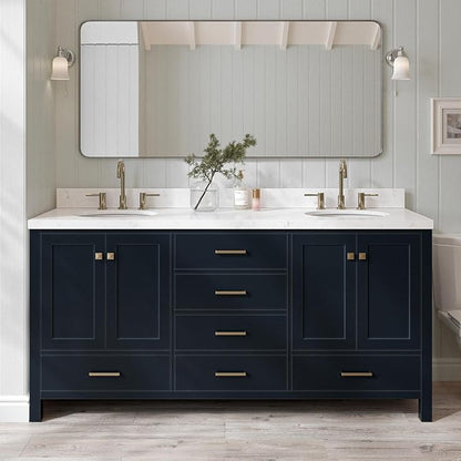 ARIEL Cambridge 72-inch Bathroom Vanity with Sink,Solid Wood, 1.5-inch Carrara White Quartz Countertop, Double Oval Porcelain Sink, 4 Soft Closing Doors, 6 Dovetail Drawers, Midnight Blue