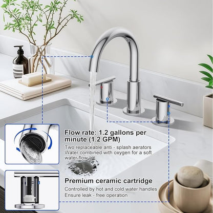 Bathroom Faucets for 3 Hole Sinks, Hurran 8 Inch Chrome Double Handle Bathroom Sink Faucet Comes with a 360 Degree Rotating Spout and a Pop-Up Drain that is Suitable for Vanity RV Outdoor Sink