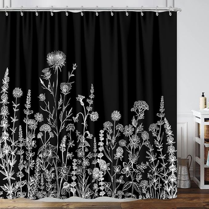 Vintage Black and White Boho Shower Curtain, Black and White Dark Floral Aesthetic Dark Wildflower Botanical Flowers Shower Curtain for Bathroom with Hook,Farmhouse Plant Art Chic Shower Curtain 72X84