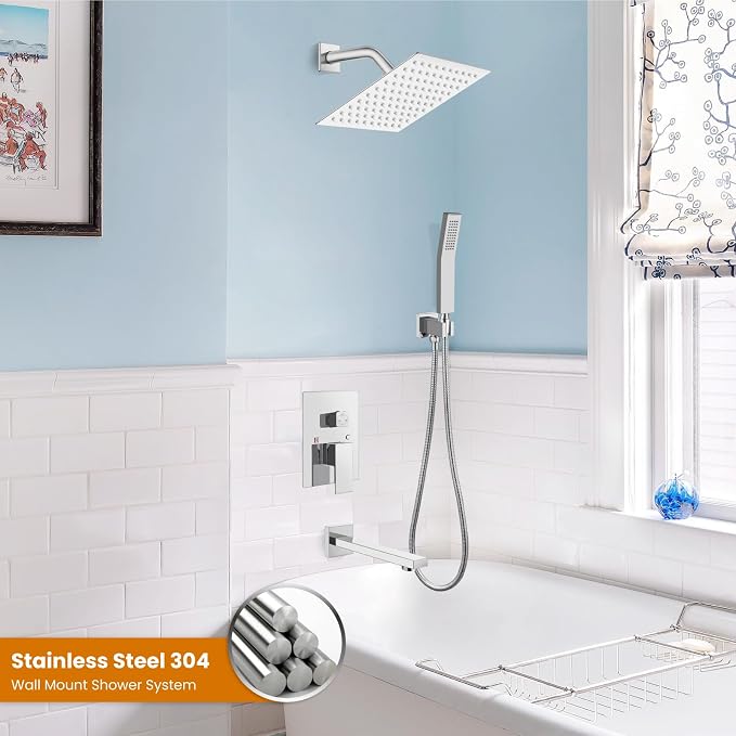 gotonovo Bathtub Shower Faucet Set, 8 Inch Shower Head, Polish Chrome | Wall Mounted Shower System with Tub Spout for Bathroom, Square High Pressure Rain Shower head with Handheld Spray, All Metal