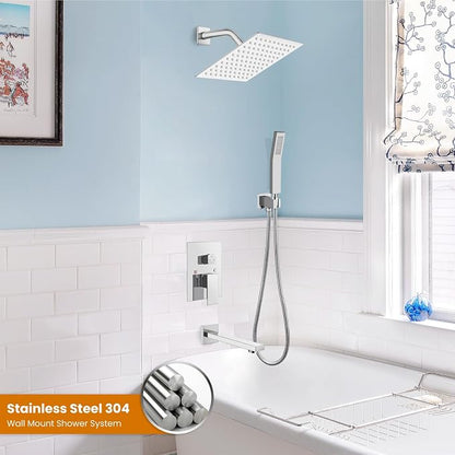 gotonovo Bathtub Shower Faucet Set, 8 Inch Shower Head, Polish Chrome | Wall Mounted Shower System with Tub Spout for Bathroom, Square High Pressure Rain Shower head with Handheld Spray, All Metal