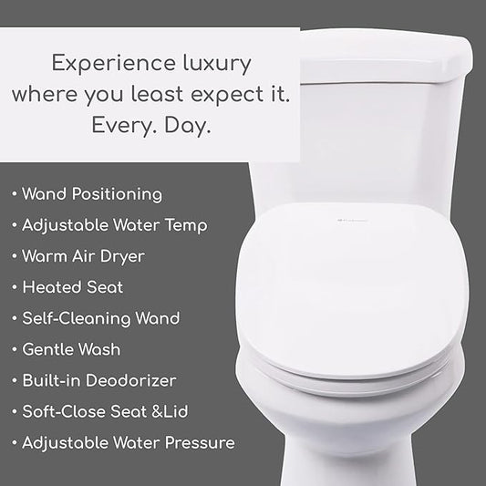 By Fluidmaster 9500E-001 Electronic Bidet Heated Toilet Seat with Warm Water and Air Dryer, Deodorizer, Easy Install, Elongated, White
