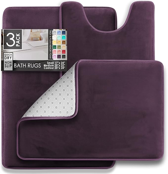 Clara Clark 3 Piece Bathroom Rugs Bath Mat Set, Velvet Memory Foam Bath Mats for Bathroom - Non-Slip, PVC Backing Bath Rugs, Washable - Dries Quickly, Purple