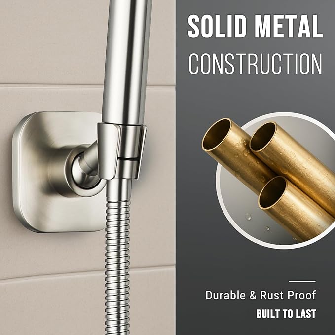 G-Promise Metal Handheld Shower Head Holder, No-Drill (Brushed Nickel) | Adhesive or Drilled Installation, Wide Adjustment Range Fits All Family Heights, Firmly Secure Showerhead, Easy to Install