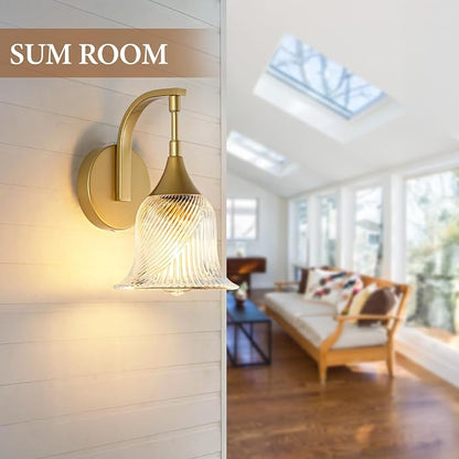 1-Light Gold Wall Sconce, Modern Brass Bathroom Sconces | with Textured Glass Shade, Vintage Wall Lamp for Dining Living Room Bedroom Bathroom Hallway Mirror, E26