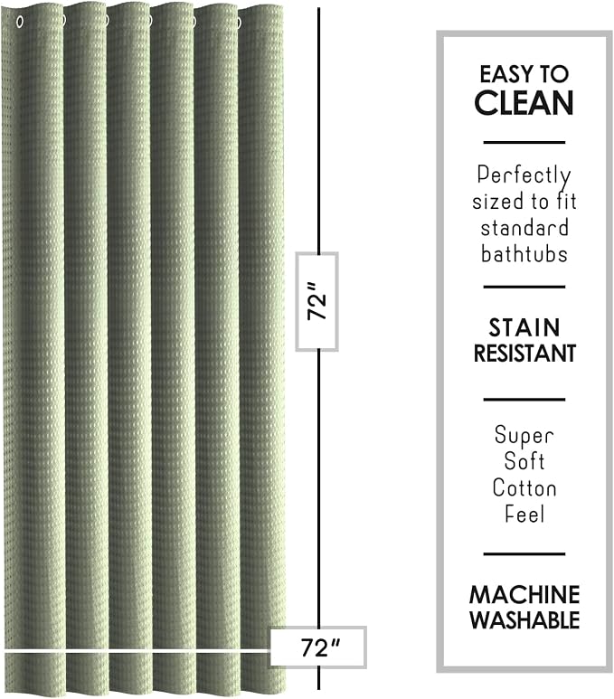 Clara Clark Sage Green Shower Curtain - Hotel Quality Waffle Fabric Bath Curtain 72x72, Heavy Duty Waterproof Shower Curtains for Bathroom