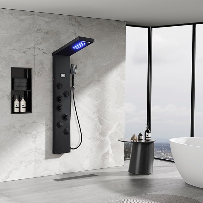 MEANTT LED Lights Shower Panel Tower - Waterfall Rainfall Shower Panel Tower System with 4 Body Jets - 5-in-1 Multifunction Shower Column - Matte Black Stainless Steel Shower Tower with Handheld