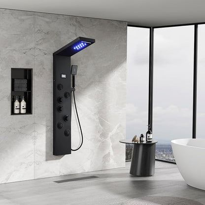 MEANTT LED Lights Shower Panel Tower - Waterfall Rainfall Shower Panel Tower System with 4 Body Jets - 5-in-1 Multifunction Shower Column - Matte Black Stainless Steel Shower Tower with Handheld
