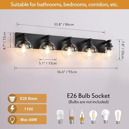 Bathroom Light Fixtures, 5-Light Matte Black Vanity Lights, Modern Bathroom Lighting Fixtures Over Mirror, Farmhouse Vanity Lights with Glass Shade for Living Room, Bedroom, Hallway