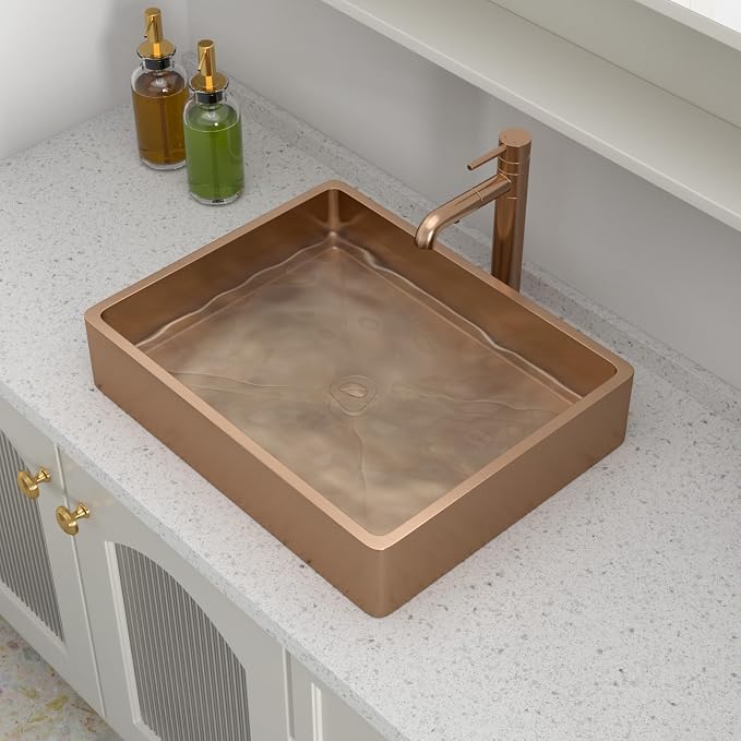 Logmey 19" Shallow Bathroom Vessel Sink 19x15 Rose Gold 16 Gauge Stainless Steel Handmade Above Counter Bathroom Sinks Rectangle Vessel Sink with Pop-up Drain Set