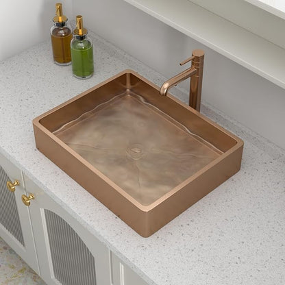 Logmey 19" Shallow Bathroom Vessel Sink 19x15 Rose Gold 16 Gauge Stainless Steel Handmade Above Counter Bathroom Sinks Rectangle Vessel Sink with Pop-up Drain Set