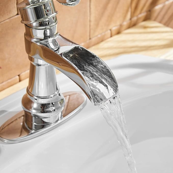 Waterfall Bathroom Sink Faucet Polished Chrome Farmhouse | Single-Handle, Single Hole Deck Mount, Includes Pop Up Drain with Overflow, Silver, Fingerprint Shedding Smooth Surface