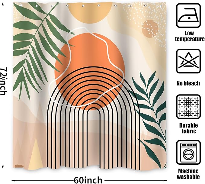 Mid Century Shower Curtain, Stall Abstract Boho Minimalistic Arch Sun Leaf Machine Washable Waterproof Fabric for Bathroom Bathtub with Hooks 60Wx72H