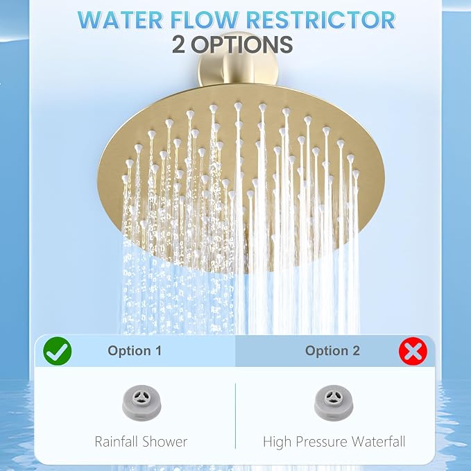 Brushed Gold Round Rainfall Shower Head, All Metal Stainless Steel Rain Shower Heads with 90 Anti-Clog Silicone Nozzles, Wall or Ceiling Mount, 8 inch