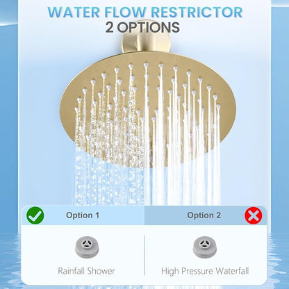 Brushed Gold Round Rainfall Shower Head, All Metal Stainless Steel Rain Shower Heads with 90 Anti-Clog Silicone Nozzles, Wall or Ceiling Mount, 8 inch