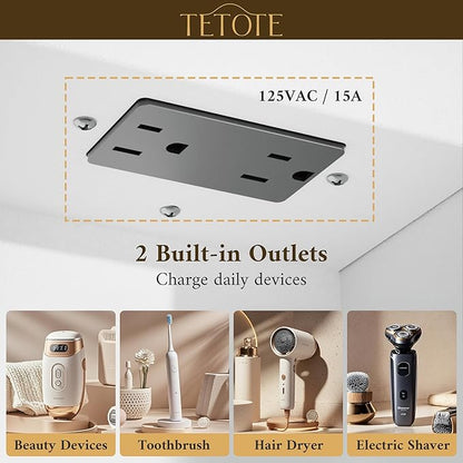 TETOTE White Lighted Medicine Cabinet with Tempered Glass Mirror 16 x 24 White Metal Led Recessed Medicine Cabinet for Bathroom with Lights and Storage, 3 Color Dimming, Anti-Fog, 2 Outlets