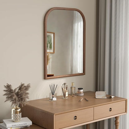 24"x32" Arch Wall Mirror for Wall, Wall Mounted Vanity Mirror for Bedroom, Wood Grain Finish Frame Mirror with Tempered Glass, Vintage Decorative for Bathroom, Entryway, Living Room, Walnut