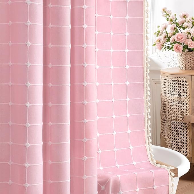 Pink Boho Shower Curtain Cotton Texture with Embroidered Plaid Pattern and Tassels for Bathroom,72" W×84" L