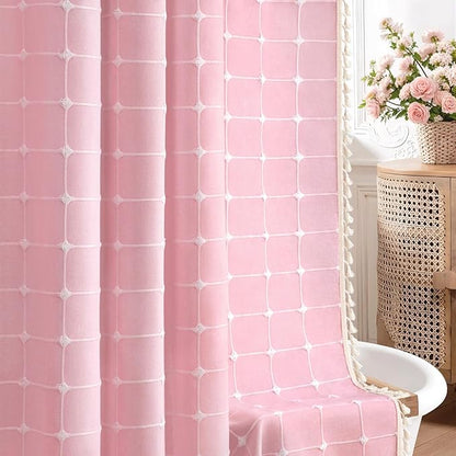 Pink Boho Shower Curtain Cotton Texture with Embroidered Plaid Pattern and Tassels for Bathroom,72" W×72" L
