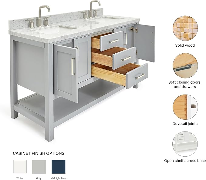 ARIEL Magnolia 60-inch Bathroom Vanity with Sink,Solid Wood, 1.5-inch Italian Carrara Marble Countertop, Double Rectangular Porcelain Sink, 4 Soft Closing Doors, 3 Dovetail Drawers, Grey