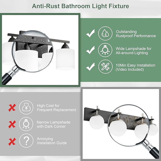 Black Bathroom Lighting Fixtures Over Mirror, 4-Light Anti-Rust Vanity Light for Bathroom, 24Inches Modern Wall Sconce, Standard E26 Base, Milky White Glass Shades, Bulbs Not Included